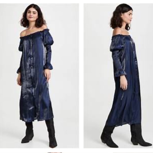 Line & Dot Blue Ruched Off-Shoulder Midi Dress - Picture 2 of 5